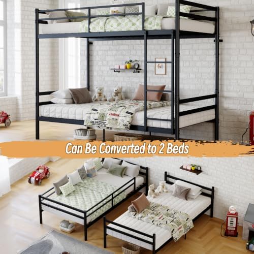 Metal Bunk Bed Twin Over Twin, Heavy Duty Twin Bunk Bed with Ladder & Safety Guardrails for Kids/Teens/Adults, Convertible into 2 Individual Beds, Under-Bed Storage Space, Black