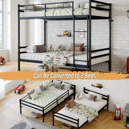 Metal Bunk Bed Twin Over Twin, Heavy Duty Twin Bunk Bed with Ladder & Safety Guardrails for Kids/Teens/Adults, Convertible into 2 Individual Beds, Under-Bed Storage Space, Black