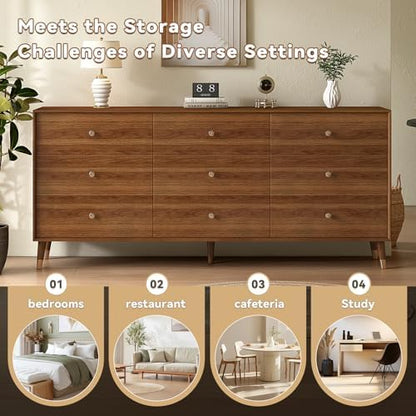 Dresser for Bedroom, 63 Inch 9 Drawer Wooden Chest of Drawers