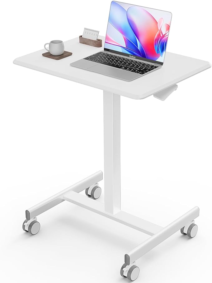 Sweetcrispy Mobile Rolling Desk with Lockable Wheels, Small Standing Laptop Desks, Sit Stand Adjustable Height Table Portable, Computer Workstations for Home Office, White