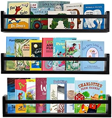 AZSKY Classic Nursery Book Shelves Black Wooden Floating Shelves Wall Bookshelf for Bathroom Decor Kitchen Spice Rack Organizer Kids Room 24 Inch Set of 3