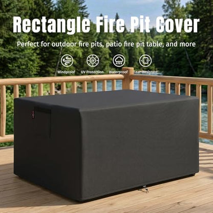 SHINESTAR Fire Pit Cover Rectangular for 40-44 Inch Fire Pit Table，Heavy-Duty Ripstop & Waterproof, with Windproof Drawstring and Buckles, 44 x 34 x 25 Inches