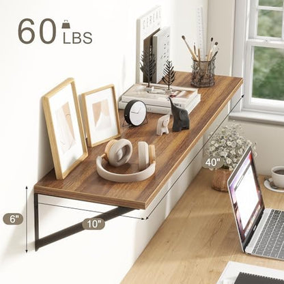 40 Inch Floating Shelves, 10 Inch Deep Wall Shelf, 40 x 10 Floating Shelf Set of 2, Wood Floating Shelf Wall Mounted, Large Kitchen Living Room Bedroom Storage Shelves, Rustic Brown
