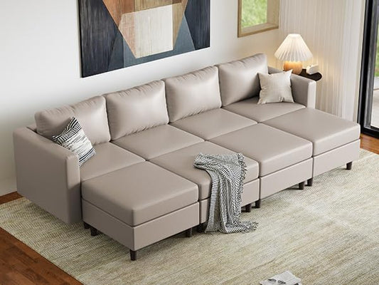 ABCASA 118.5" Faux Leather Luxury Modular Sleeper Sofa Bed with Storage Seat, 8 Seat Sectional Couch Deep Seat with Reversible Chaises & Removable Cover - Whitesand