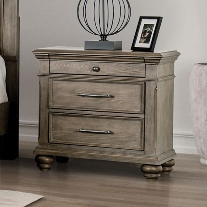 First of a Kind Philomath 5 Piece Queen Size Bedroom Furniture Set in Aged Oak - Transitional Button Tufted Fabric Bed with Modern Bedroom Set Collection