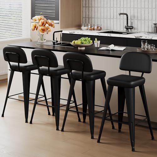 Aklaus PU Leather Metal Bar Stools 26 inch Faux Leather Counter Height Barstools Set of 4 Modern Farmhouse Bar Chairs with High Back and Faux Leather Seat for Kitchen Island Dining Room Matte Black