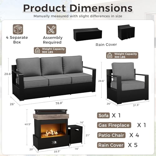 Outdoor Patio Furniture Set, 6-Piece Aluminum Patio Conversation Set All-Weather Metal Outdoor Sectional with 6 Inch Thick Cushions, Deep Setting and Fireplace for Garden, Outside and Porch, Grey