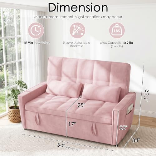 54'' Sleeper Sofa Bed, Convertible Pull Out Couch with Adjustable Backrest, Side Pockets & 2 Lumbar Pillows, Velvet Fabric Loveseat for Living Room, Apartment & Small Spaces (Pink)
