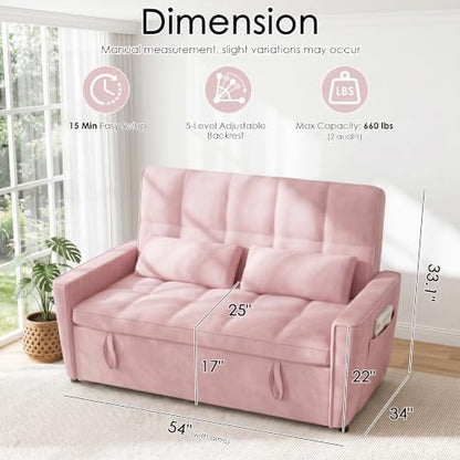54'' Sleeper Sofa Bed, Convertible Pull Out Couch with Adjustable Backrest, Side Pockets & 2 Lumbar Pillows, Velvet Fabric Loveseat for Living Room, Apartment & Small Spaces (Pink)