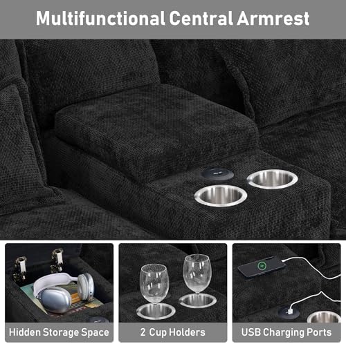 ONEMMLION 133" U Shaped Sectional Cloud Couch with USB & Cup Holder,Black