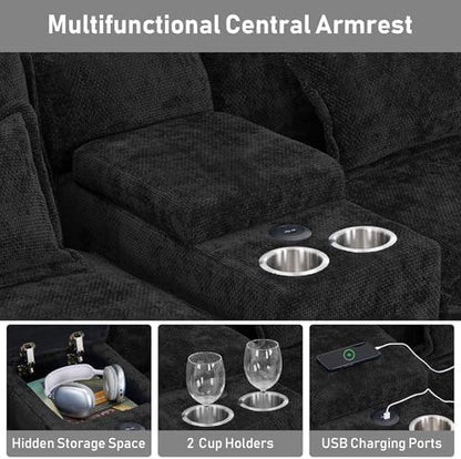 ONEMMLION 133" U Shaped Sectional Cloud Couch with USB & Cup Holder,Black