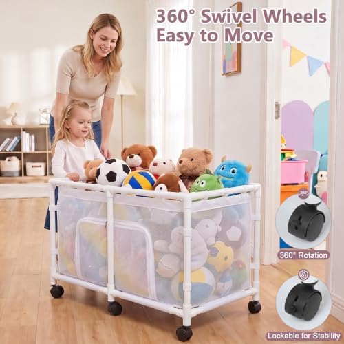 Toy Box for Girls Boys with See-Through Mesh & 360° Rotating Wheels