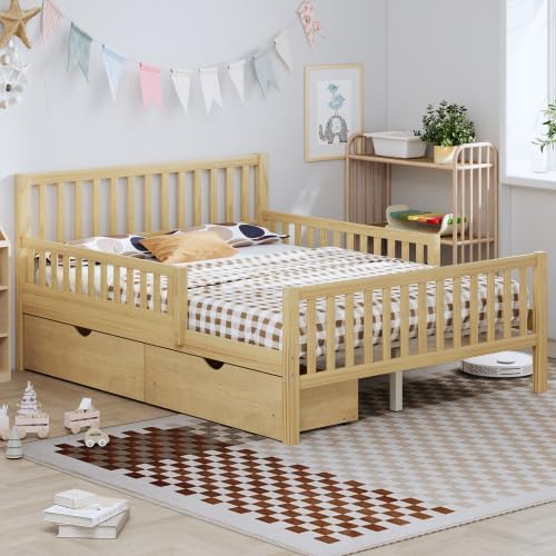 Bellemave Full Size Kids Platform Bed with Fences and 2 Drawers, Wooden Full Bed Frame with Guardrails on Both Sides for Boys Girls, Natural
