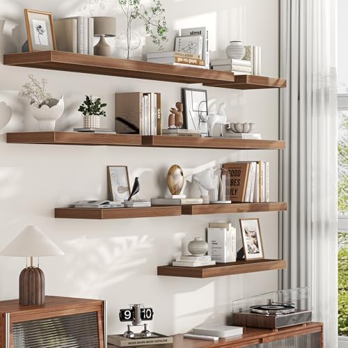 40 Inch Floating Shelves, 12 Inch Deep Wall Shelves, 40 x 12 Floating Shelf Set of 2, Walnut Wood Floating Shelf Wall Mounted, Large Kitchen Living Room Bedroom Bathroom Storage Shelves