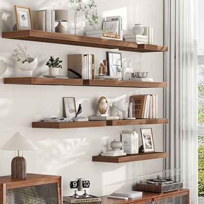 40 Inch Floating Shelves, 12 Inch Deep Wall Shelves, 40 x 12 Floating Shelf Set of 2, Walnut Wood Floating Shelf Wall Mounted, Large Kitchen Living Room Bedroom Bathroom Storage Shelves