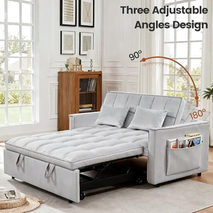 Convertible Sleeper Sofa Bed, Loveseat Sleeper Sofa with Large Side Pockets, Pull Out Sofa Bed with 3 Position Adjustable Backrest, 3 in 1 Velvet Couch Bed for Small Spaces, Apartment, Gray