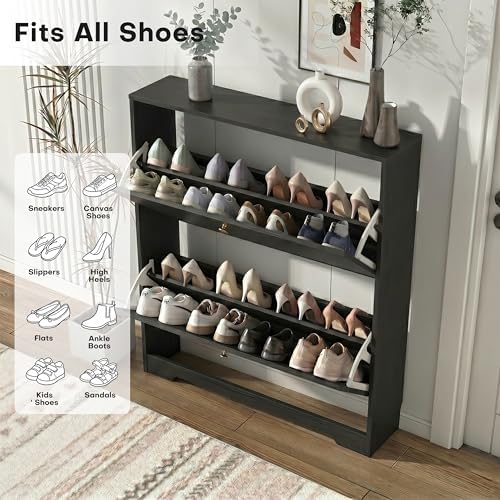 Nicetree Shoe Storage Cabinet with 2 Flip Drawer, Narrow Slim 2-Tier Shoe Organizer, Shoe Cabinet Storage for Entryway with Top Shelf and Hooks, Freestanding Wooden Shoe Rack, Black