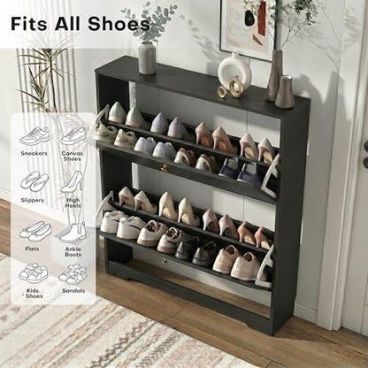 Nicetree Shoe Storage Cabinet with 2 Flip Drawer, Narrow Slim 2-Tier Shoe Organizer, Shoe Cabinet Storage for Entryway with Top Shelf and Hooks, Freestanding Wooden Shoe Rack, Black