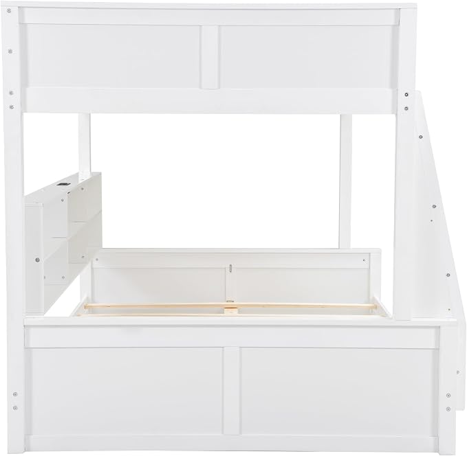 RUNNA Full XL Over Queen Bunk Bed with Storage Cabinets,USB,Antique White | Full XL on top for teens, queen below for adults. Solid pine frame, full guardrails & built-in charging—every bed, every age.