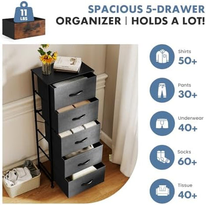 DUMOS Nightstand with 5 Fabric Drawers, Skinny Dresser