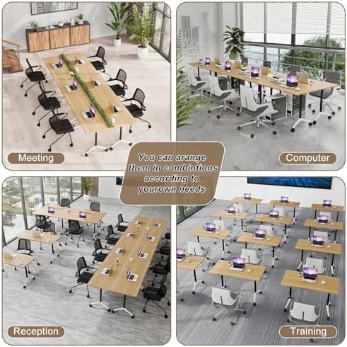Folding Conference Table Modern Large Mobile Meeting Table Rolling Conference Room Tables with Wheels Seminar Tables for Office Training Classroom (10, Original Wood, 47.2" D X 23.6" W X 29.5" H)