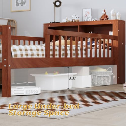 Bellemave Kids Twin Bed Frame with Fences, 2 Drawers & Storage Headboard, Twin Size Platform Bed with 3-Side Guardrails for Kids, Girls & Boys, Walnut