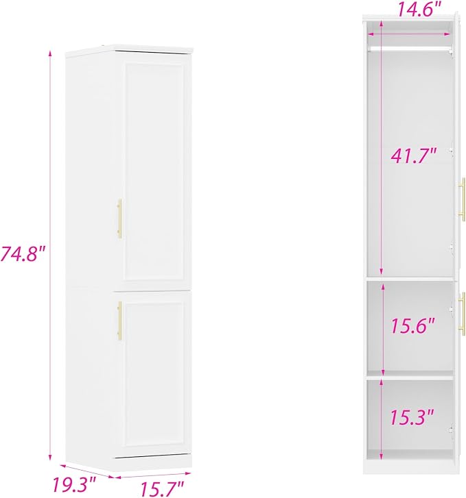 Timechee Almirah for Clothes, 74.8" Tall Bedroom Closet Storage Cabinet with Doors and Shelves, Hanging Rod, 2 Door Narrow Bathroom Storage Cabinet, White Narrow Wardrobe Clothes Closet for Bedroom