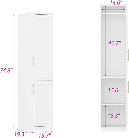 Timechee Almirah for Clothes, 74.8" Tall Bedroom Closet Storage Cabinet with Doors and Shelves, Hanging Rod, 2 Door Narrow Bathroom Storage Cabinet, White Narrow Wardrobe Clothes Closet for Bedroom