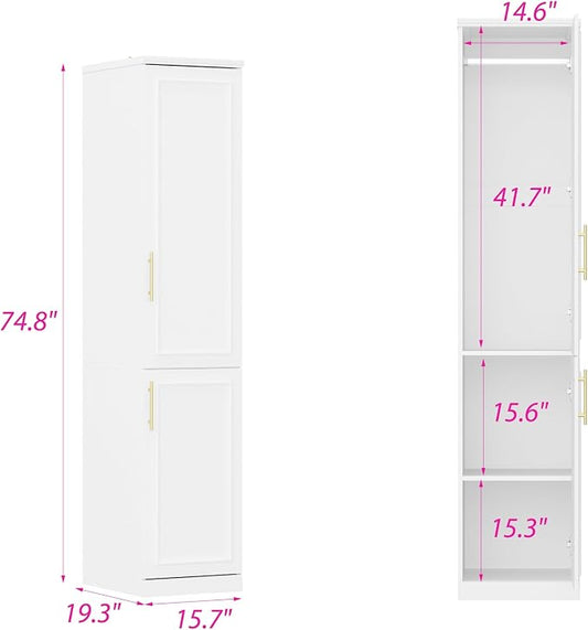Timechee Almirah for Clothes, 74.8" Tall Bedroom Closet Storage Cabinet with Doors and Shelves, Hanging Rod, 2 Door Narrow Bathroom Storage Cabinet, White Narrow Wardrobe Clothes Closet for Bedroom