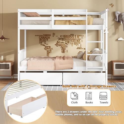 Harper & Bright Designs Wood Twin-Over-Twin Bunk Bed with 2 Storage Drawers and Ladder - Can Be Divided Into Two Platform Beds, White