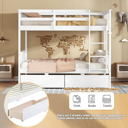 Harper & Bright Designs Wood Twin-Over-Twin Bunk Bed with 2 Storage Drawers and Ladder - Can Be Divided Into Two Platform Beds, White