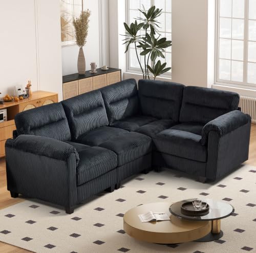 HAOMARKETS 90” Modular Sectional L Shaped Corner Sofa, Corduroy 4-Seater Couches with Thick Cushion for Living Room, Black