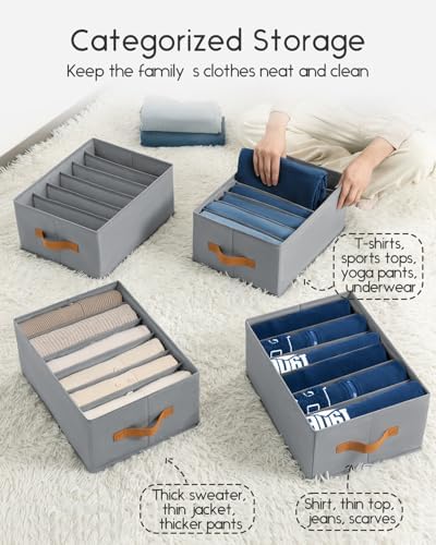 Closet Organizers and Storage - Fabric Clothes Organizer with Handles, Foldable Jeans Organizer for Clothes, Drawer Organizer for Shirts, Bra, Sweater, Scarf, 4 Pack, Grey
