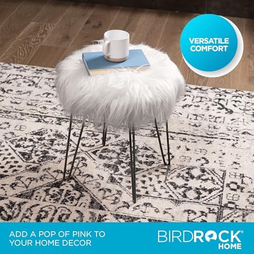 BIRDROCK HOME Round Faux Fur Foot Stool Ottoman with Black Hairpin Legs - Cozy and Stylish Makeup Chair with Soft Padded Vanity Seat and Metal Legs for Bedroom, Living Room, or Kids Room (Grey/Black)