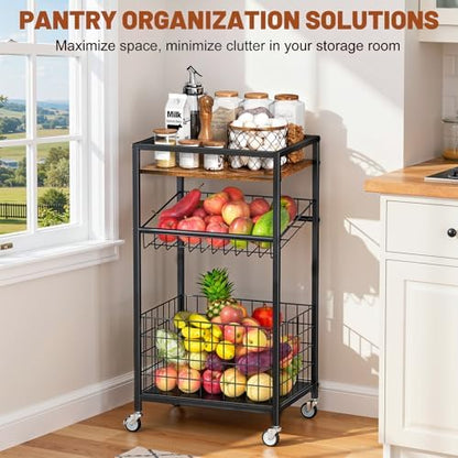 Fruit Vegetable Cart, 3-Tier Snack Cart on Wheels & Wood Top, Brown