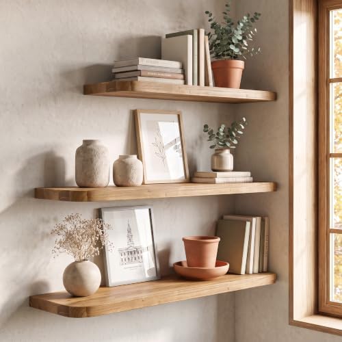 24 inch Floating Shelves for Wall, Elm Wood Rounded Edge, Natural, 2-Pack