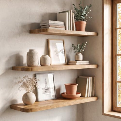 24 inch Floating Shelves for Wall, Elm Wood Rounded Edge, Natural, 2-Pack