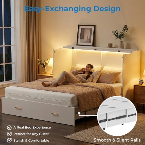 Mjkone Murphy Cabinet Bed No Mattress, Queen Size White