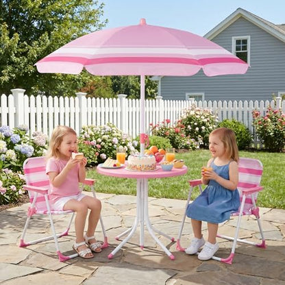 Olakids Kids Picnic Table, Outdoor Toddler Patio Furniture Set with 2 Folding Chairs Adjustable Foldable Umbrella for Garden Backyard Beach (Pink)