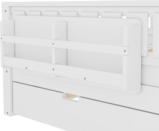Bellemave Full Size Kids Bed with high Rails and with Built-in Bookshelf and Trundle for Kids, Girls, Boys, Wood Montessori Bed Without Door, White