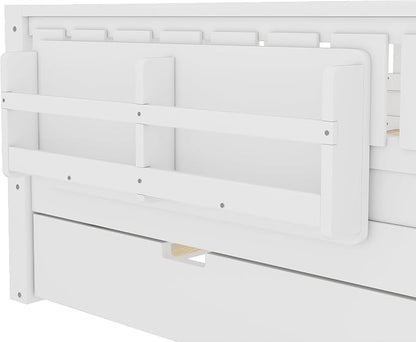 Bellemave Full Size Kids Bed with high Rails and with Built-in Bookshelf and Trundle for Kids, Girls, Boys, Wood Montessori Bed Without Door, White