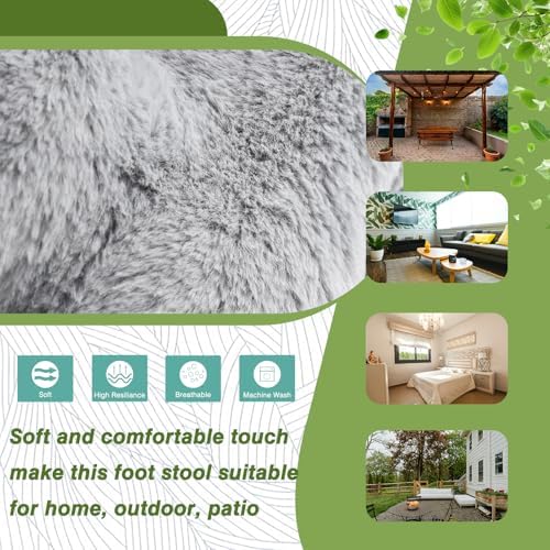 15" Faux Fur Upholstered Folding Foot Rest Stool with Metal Frame Grey