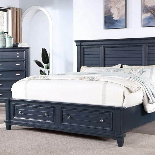First of a Kind Queen Size Transitional Bedroom Furniture 4 Piece Set in Slate Blue - Panel Headboard Molding Footboard Drawers Nickel Knobs, Bed, Dresser, Mirror & Nightstand