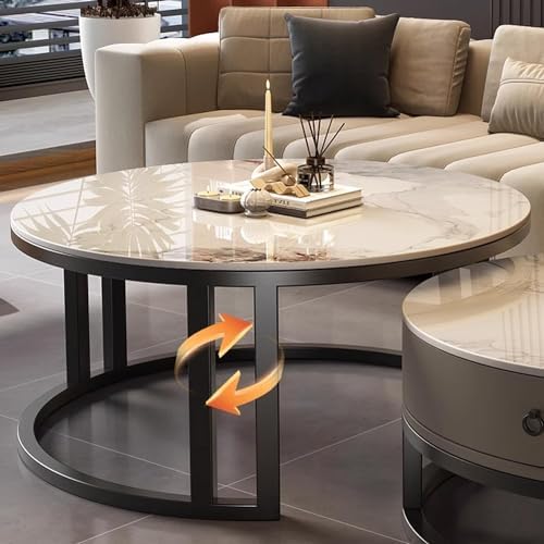 Round Nesting Coffee Table with Storage Drawer Set of 2, Modern Cocktail Table with Faux Marble Top for Living Room Small Space 27" Black/Grey-Pandora
