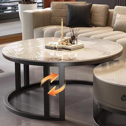 Round Nesting Coffee Table with Storage Drawer Set of 2, Modern Cocktail Table with Faux Marble Top for Living Room Small Space 27" Black/Grey-Pandora