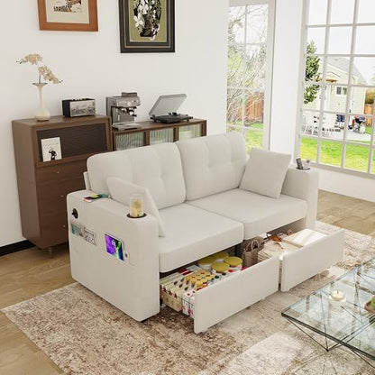 YOPTO 68" 2-seat Sofa, USB Charging, Storage & Cup Holders, Chenille, Beige