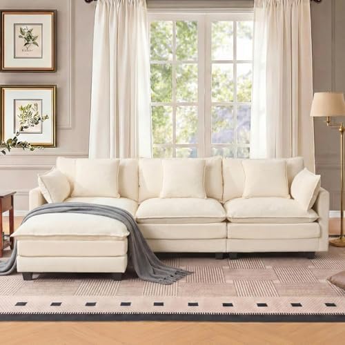 Modern 102" L Shaped Sectional Sofa Cloud Couch, Comfy Chenille Modern Modular Sleeper Sofa, Upholstery Sofa with Ottoman & Memory Foam for Living Room, Beige