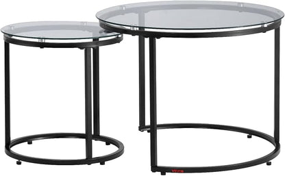 VEVOR Nesting Coffee Table Set of 2, 23.6 in Round Coffee Table, Glass Nesting Tables for Small Place, Modern End Side Tables Night Stand with Metal Frame, for Living Room, Bedroom, Balcony, Office