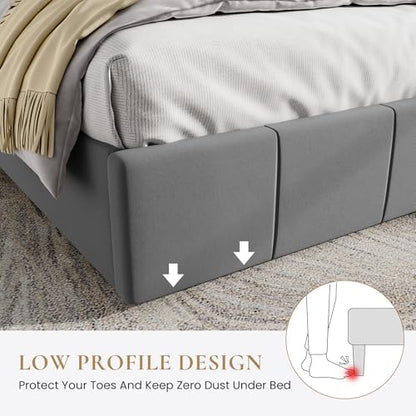 SHA CERLIN King Size Bed Frame, Velvet Upholstered Platform Bed, Grey