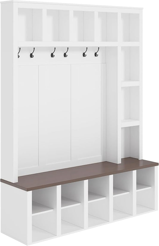 Hall Tree with Bench and Shoe Storage,Shoe and Coat Rack with Drawer and Hooks,Farmhouse Furniture for Entryway,Mudroom,Living Room,Black (White, 59.2")
